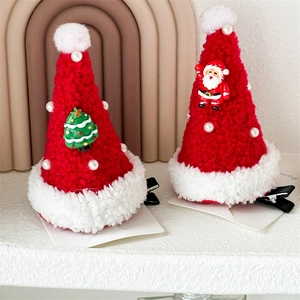 Plush Christmas hat hair clips set with Santa and Xmas tree decorations in red and white