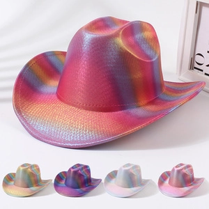 Detail view of glitter cowboy hats in multiple holographic gradients and sparkling colors