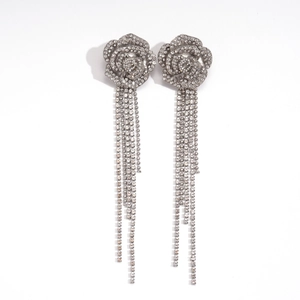 Sparkling silver flower earrings with long rhinestone fringe tassels for women