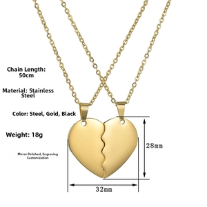 Polished stainless steel two-piece heart puzzle pendant with a 50cm long link chain
