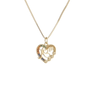 Golden heart necklace for women with MOM pendant and cubic zirconia on box chain