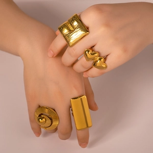 Chunky 18K gold plated stainless steel geometric rings set for women featuring bold shapes