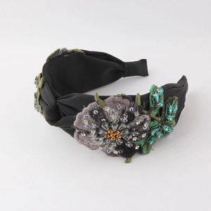 Fashion wide knot headband with luxurious beadwork, floral embroidery and rhinestones