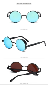 Steampunk round sunglasses with blue reflective lenses and black metal spring frames