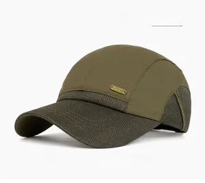 Detail of army green breathable mesh baseball cap with side gold metal logo plaque