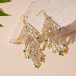 Elegant gold geometric tassel drop earrings with colorful crystal beads and minimalist design