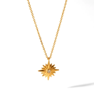 Close-up of golden sunburst pendant necklace with a clear gemstone on white background