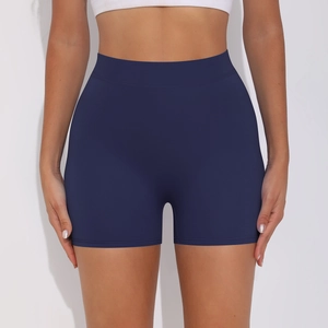 Front view of high waisted dark blue yoga shorts with seamless stitching for fitness
