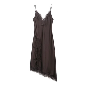 Damen Satin Unterkleid Mit Spitzenbesatz V-Ausschnitt Spaghettiträger Asymmetrischer Saum Sexy Party Schlafhemd