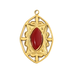 Detailed view of marquise-shaped red stone pendant in a gold stainless steel frame