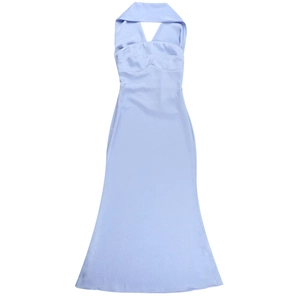 Close-up of light blue satin dress featuring a halter neckline and silky fabric texture