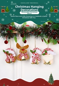 Detail view of plush Christmas ornaments with Santa, elk, and snowman on golden bells