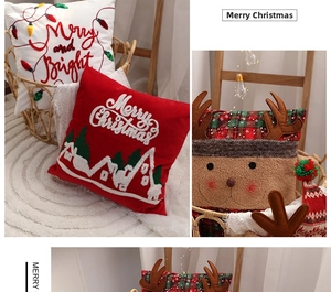 Detailed close-up of Christmas pillows with 3D embroidery and Merry Christmas text