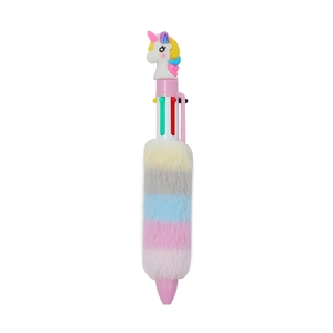 Close-up of cute unicorn cartoon ballpoint pen with rainbow plush grip and multi-color ink