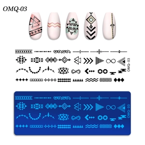 Detail of OMQ-03 nail stamping plate with geometric patterns and manicure examples