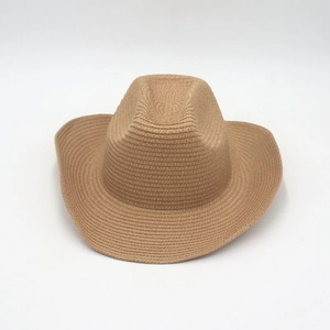 Detailed view of the tight straw weave pattern on a classic wide brim cowboy sun hat