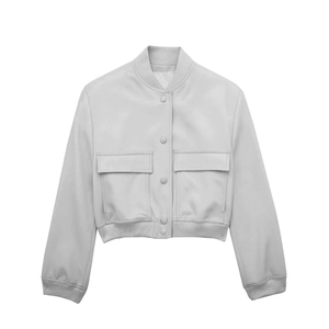 Women light grey stand collar bomber jacket with large utility pockets and ribbed trims
