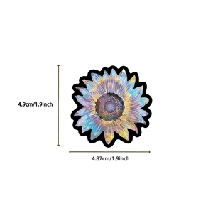 Detail view of sunflower sticker with purple and yellow gradient and size dimensions