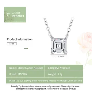 Classic 925 sterling silver necklace with emerald cut square zirconia pendant charm