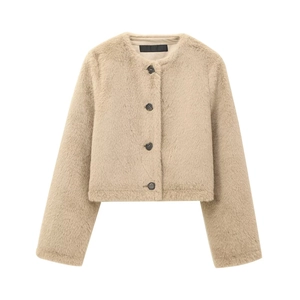 Women Faux Fur Jacket Elegant Round Neck Single Breasted Plush Short Coat Long Sleeve Casual Fashion Winter Outerwear