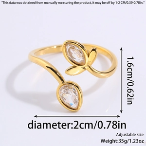 Detail view of adjustable gold titanium steel ring with sparkling leaf and stone accents