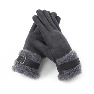 Women's dark gray thermal suede gloves with faux fleece trim and decorative metal buckle