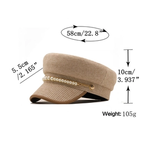 Detail view of khaki corduroy navy hat with pearl chain trim and specific dimensions