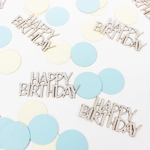 Silver glitter Happy Birthday confetti with blue and yellow round dots for party decor