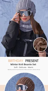Detail view of winter knit beanie and neck warmer set with thick fuzzy lining for warmth