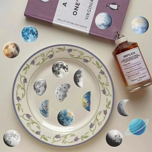 Detailed view of planetary PET stickers with moon and earth patterns for scrapbooking
