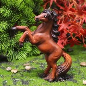 Miniature brown horse figurine in rearing pose for creative garden micro landscapes