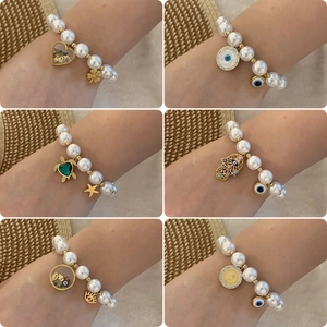 Evil Eye Hamsa Hand Beaded Bracelet Imitation Artificial Pearl Stainless Steel Vacation Style Jewelry For Women