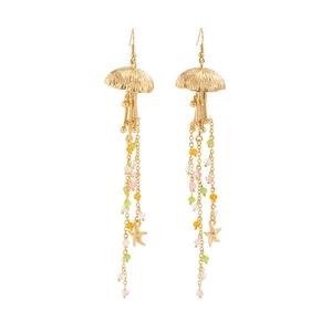 Golden jellyfish long earrings with colorful glass beads and starfish pendants