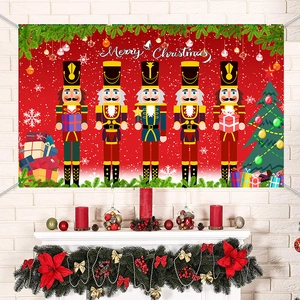 Detailed Christmas nutcracker banner hanging above a decorated fireplace with holiday ornaments