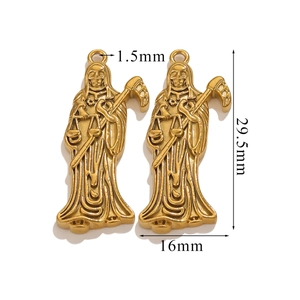 Detail view of golden grim reaper pendant with measurements 29.5mm height and 16mm width