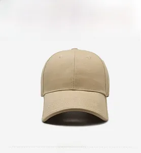 Detailed front view of a khaki cotton baseball cap with six-panel structure and eyelets