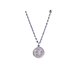 Minimalist silver stainless steel necklace with butterfly embossed round pendant on white