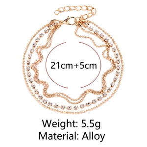 Detailed view of layered gold alloy anklet with rhinestones showing 21cm+5cm dimensions