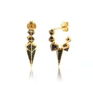 Vintage geometric gold S925 silver earrings with black crystals and pyramid design