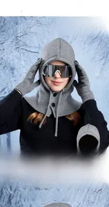 Winter knitted balaclava with buttons and matching touch-screen gloves in gray