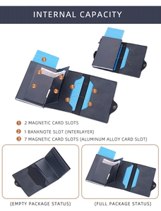 Detail view of RFID blocking pop-up card holder with aluminum slot and leather casing