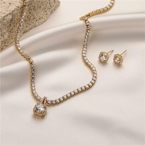 Gioielli Collana Orecchini Halo Quadrato Zircone Rame Lusso Geometrico Elegante Catena Tennis Per Donne