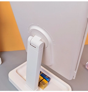 Detailed back view of LED makeup mirror showing adjustable swivel shaft and white base tray
