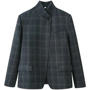 Women Plaid Blazer Stand Collar Single Breasted Short Suit Jacket Polyester Grey Check Pattern Casual Office Work