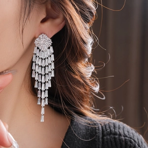Macro view of silver tassel earrings with rectangular zircons on model ear