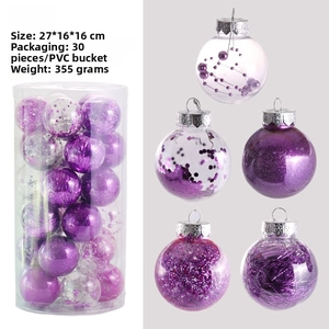 Detail of 30pcs 6cm purple Christmas ornaments with glitter and sequins in PVC tube