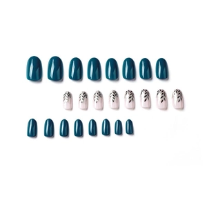 Blue leaf and silver foil glitter press-on nails in oval shape, 24-piece full set