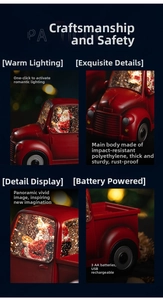 Detail view of red vintage truck Christmas snow globe with Santa and LED warm lighting