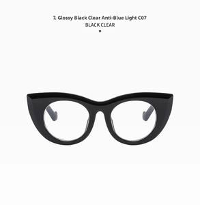Detailansicht der Katzenaugen-Blaulichtfilter-Brille mit glänzend schwarzem Rahmen und Gläsern