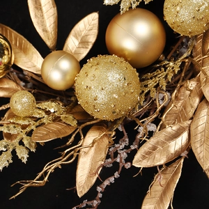 Golden Christmas wreath with LED lights featuring frosted beads and glittery ornaments